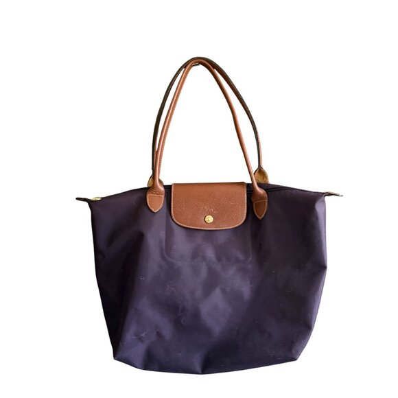 Longchamp Leather Horse Logo Folded Tote Bag Women's Purple and Brown - Picture 1 of 12